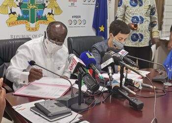 EU Ambassador to Ghana, Diana Acconcia at the signing ceremony with the Minister for Finance, Ken Ofori-Atta
